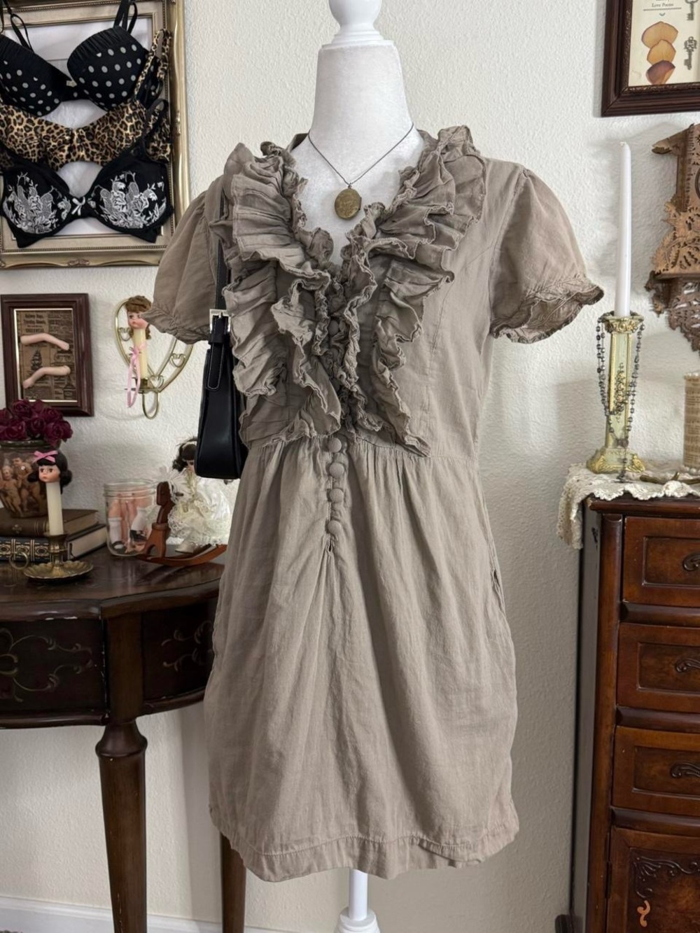 Y2k dainty girly grunge vampy fairy muted brown ruffled mini dress w pockets - Picture 2 of 5
